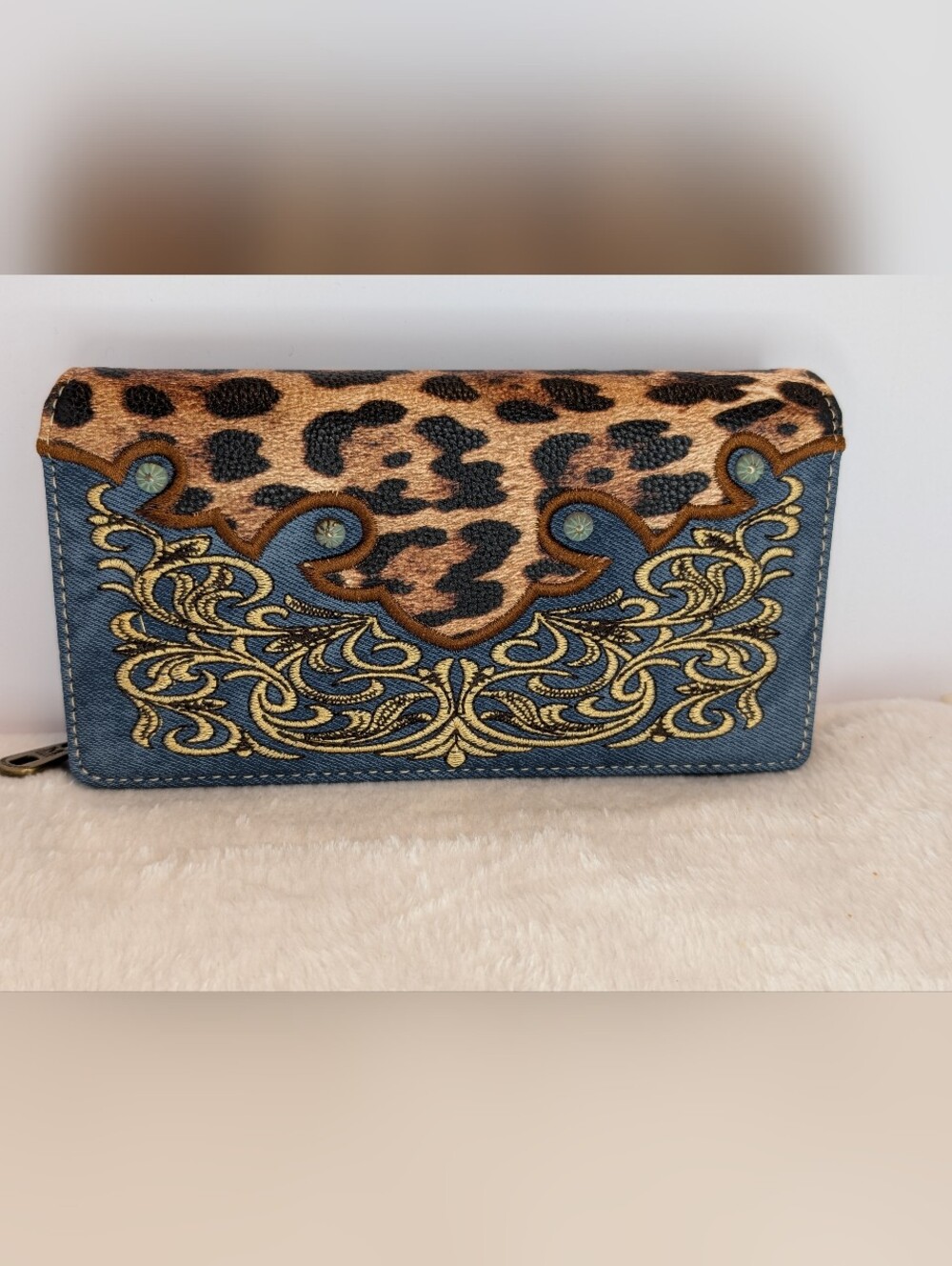 Montana West Leopard Print Blue Denim Gold Embroidered Wallet